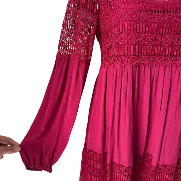 Anthropologie Whimsigoth Raspberry Red Crochet Lace Dress Sz 2 Lined Long Sleeve - Picture 3 of 16